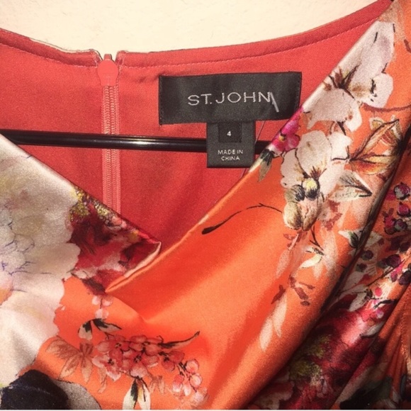 St. John Silk Chrysanthemum Charmeuse Orange Floral Cowl Drape Shift Mini Dress - Picture 5 of 10